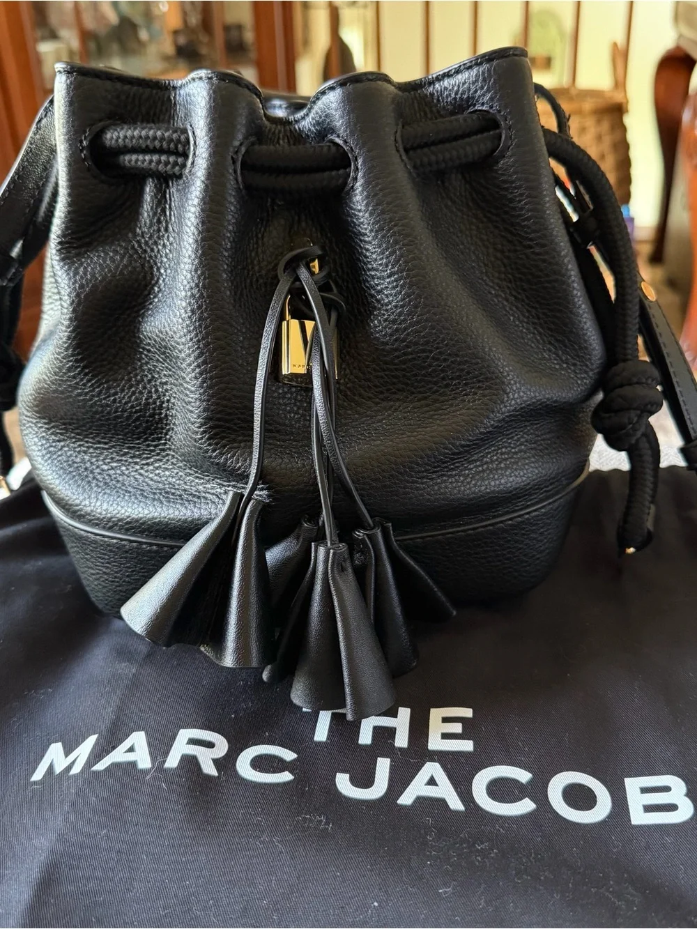 Marc Jacobs Black Pebbled Leather Tassel Drawstring Bucket  Bag - Picture 2 of 5